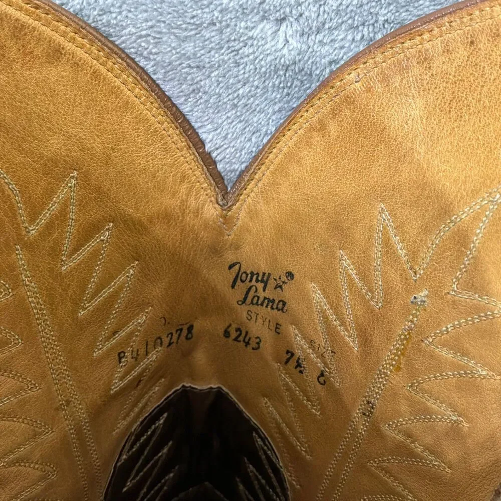 VTG. Tony Lama Boots 6243  Lizard Wingtip Leather Men  7.5E Lemonwood pegs Read*
